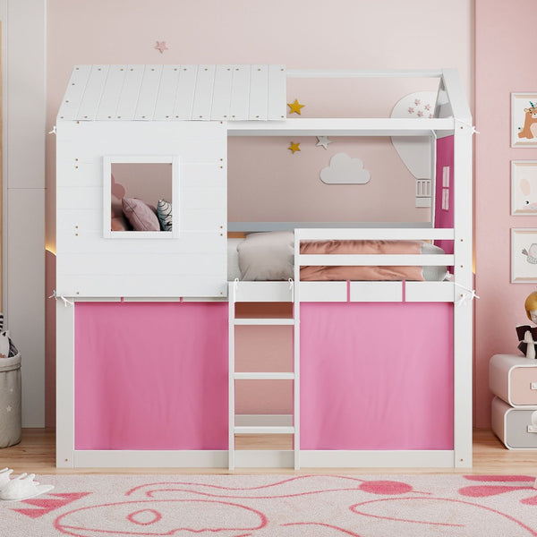 English Elm Twin Treehouse Bunk Bed Solid Pine Playhouse Frame with Cozy Canvas Tent Hideaway LT000379AAH-1