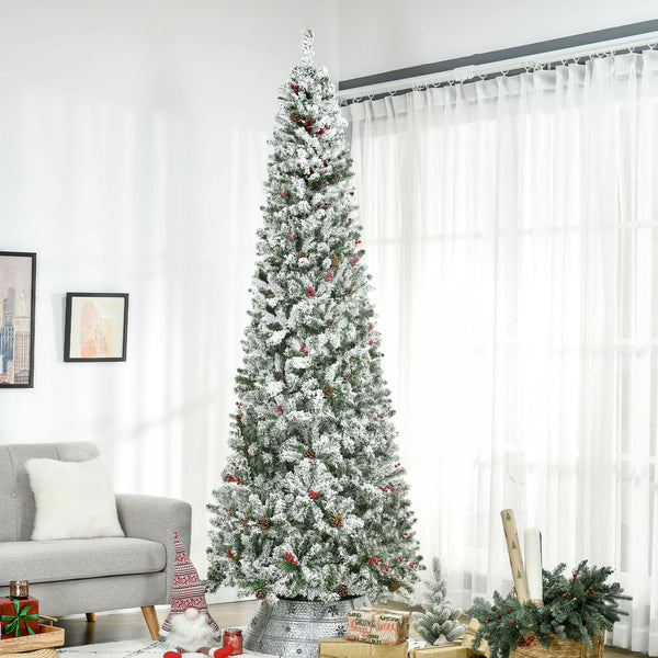 English Elm Homcom 9 Foot Snow Flocked Pencil Christmas Tree With Pine Cones & Berries For Compact Spaces W2225P229733