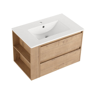 English Elm 30" Wall-Mount Bathroom Vanity With Ceramic Sink, Soft-Close Drawers & Configurable Side Shelf W999S00206
