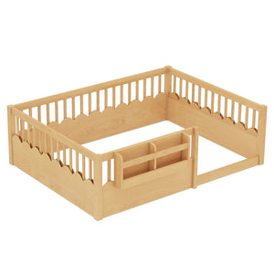 English Elm Twin Low Profile Kids Floor Bed Pine Wood Frame with Safety Rail and Built in Bookshelf Natural W1580P373141