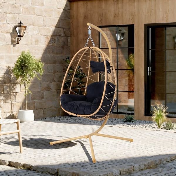 English Elm Hanging Egg Swing Chair Pe Wicker with Stand Washable Cushion Patio or Bedroom T5880P497563