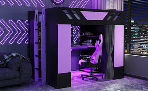 English Elm Full Size Loft Bed with Desk Blackout Curtains Rgb Lighting and Integrated Storage Purple+Black LT000377AAI