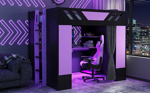 English Elm Full Size Loft Bed with Desk Blackout Curtains Rgb Lighting and Integrated Storage Purple+Black LT000377AAI