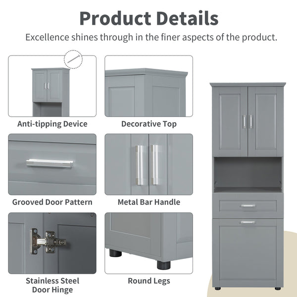 English Elm Tall Bathroom Cabinet with Tilt-Out Laundry Hamper, Adjustable Shelves, Anti-Tip Design & Large Storage Grey WF323481AAE