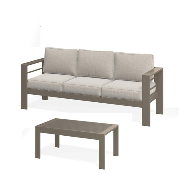 English Elm 2 Piece Outdoor Iron Patio Sofa Set with Thick Cushions and Wood Grain Coffee Table Light Khaki+Beige B082P455115