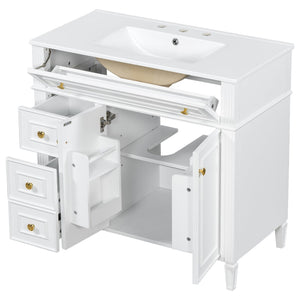 English Elm 36 Inch Freestanding Bathroom Vanity Sage Pine Cabinet Gold Hardware Ceramic Sink White N725P366468K