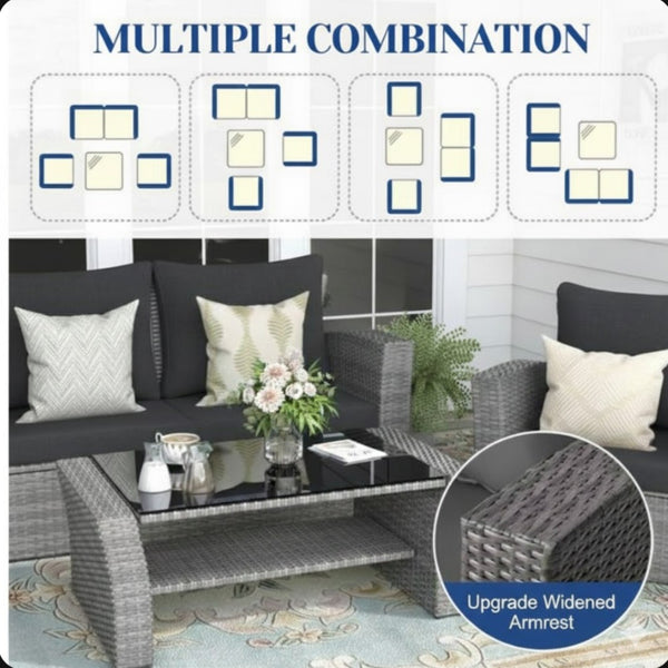 English Elm 4-piece Outdoor Wicker Conversation Set with Tempered Glass Table and Resort Style Black+Brown B082S00058