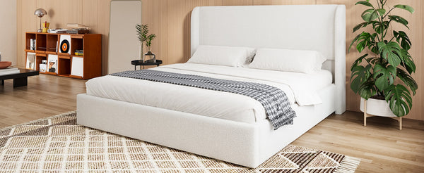 English Elm Queen Boucle Upholstered Wingback Bed Solid Wood Slats Cozy Bedroom Anchor W1670S00028