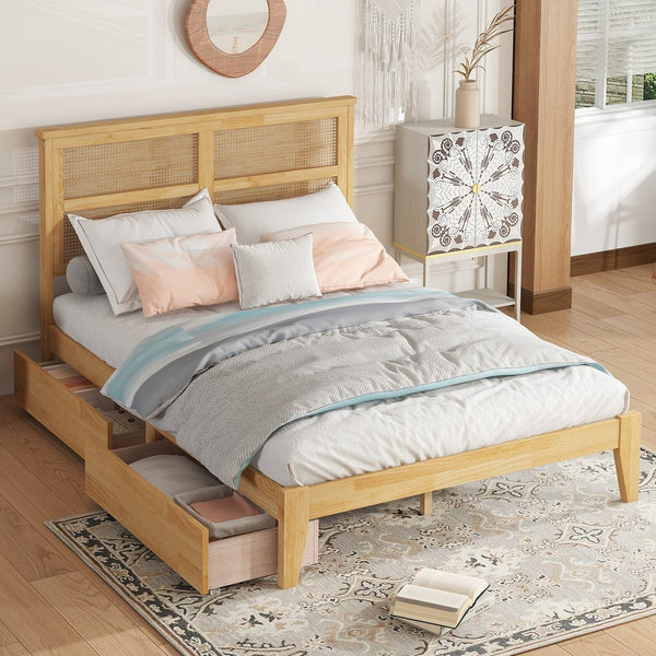 English Elm Full Full Size Bed with Rattan Headboard and Two Underbed Storage Drawers, Rubberwood Slat Support White Oak W504P269606
