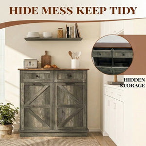 English Elm Double Tilt Out Trash Bin Cabinet with Drawers Odor Blocking Kitchen Laundry Storage Grey+Brown T5831P489239