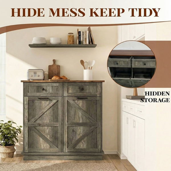 English Elm Double Tilt Out Trash Bin Cabinet with Drawers Odor Blocking Kitchen Laundry Storage Grey+Brown T5831P489239