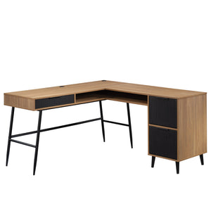 English Elm L-Shaped Desk In Warm Brown Finish - Spacious Workspace With Storage, Cable Management & Style B356P367775