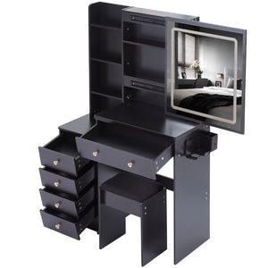 English Elm 37" Vanity Table Set with Led Mirror Stool Built-in Outlets and Hair Dryer Storage Black W3258P448844