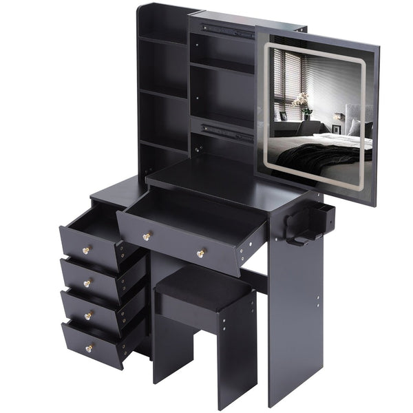 English Elm 37" Vanity Table Set with Led Mirror Stool Built-in Outlets and Hair Dryer Storage Black W3258P448844
