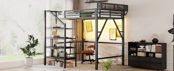 English Elm Full Size Metal Loft Bed with Foldable Desk Staircase Storage and Led Lighting W2580S00072