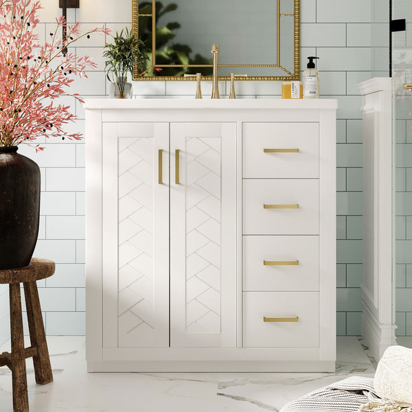 English Elm 30'' Elegant Bathroom Vanity Set With Ceramic Sink, Soft-Close Drawers & Retro Design For Storage N710P191947K