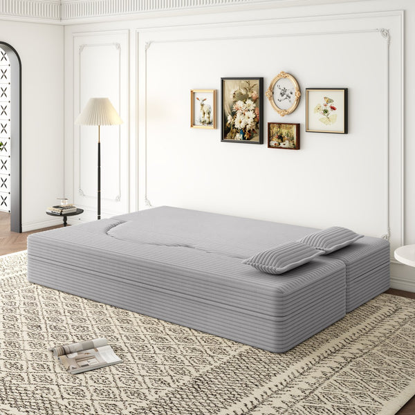 English Elm Modern Full Size Folding Sofa Bed with Plush Corduroy, 2 Pillows, 15" Foam Mattress, No Assembly Required LIGHT GREY W1885P347082