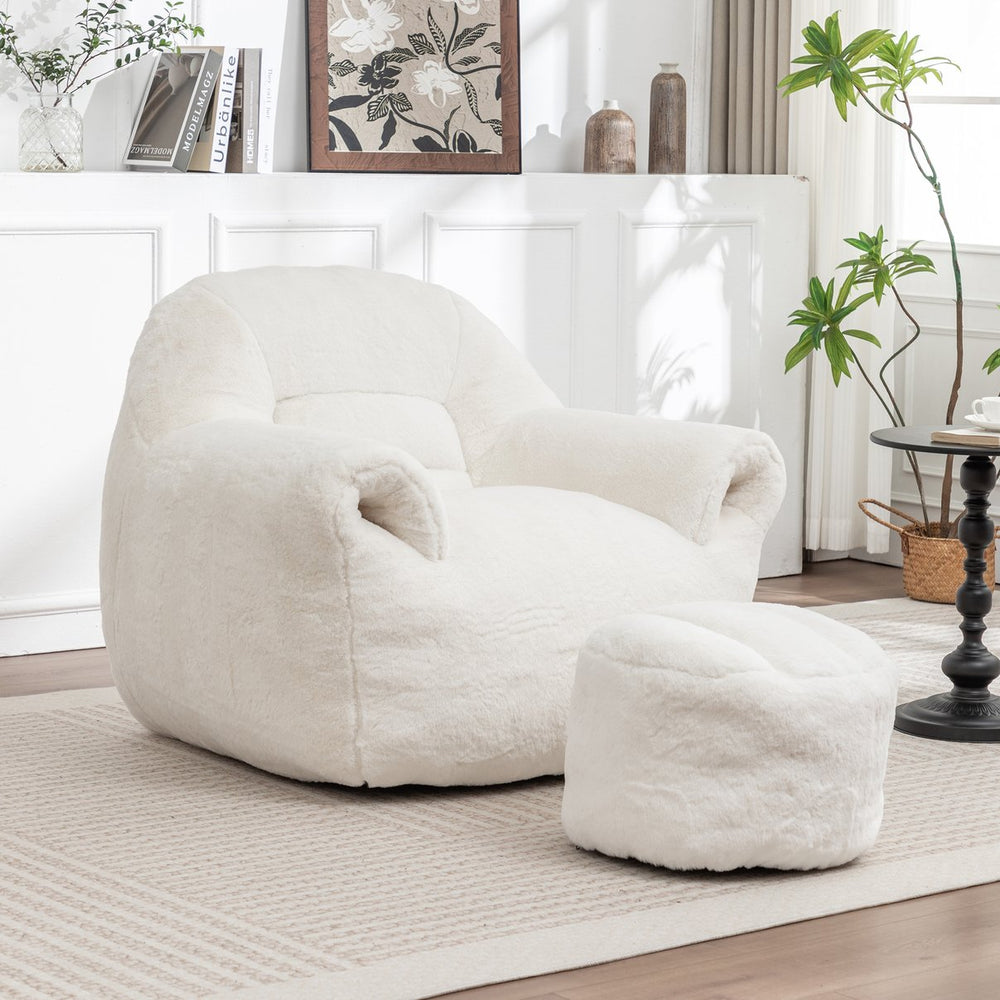 English Elm Bean Bag Chair - Plush Faux-Fur Sofa With Back Support & Footstool For Cozy Living Room Relaxation W2200P326899