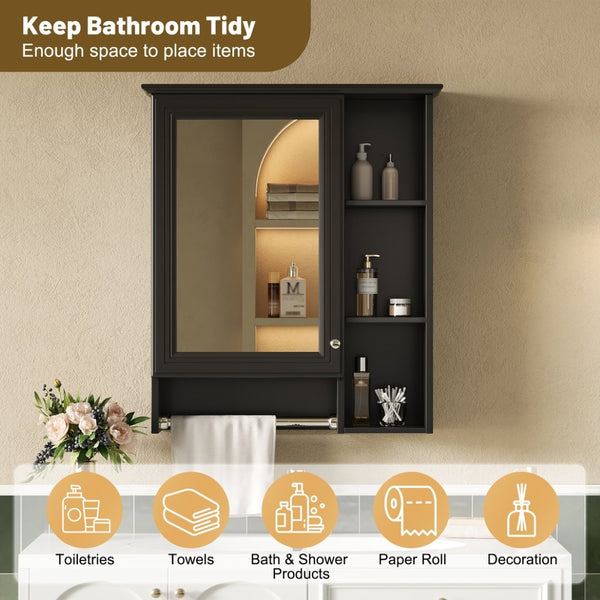 English Elm 3-in-1 Matte Medicine Cabinet Wall Mounted Mirror with Towel Bar and Storage Shelf Black N710P401340B
