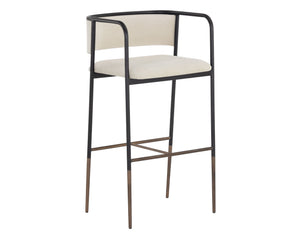 Sunpan Brenan Counter Stool - Elegant Curved Backrest, Unique Faux Leather, Black Metal Frame & Brass Caps Zenith Alabaster
