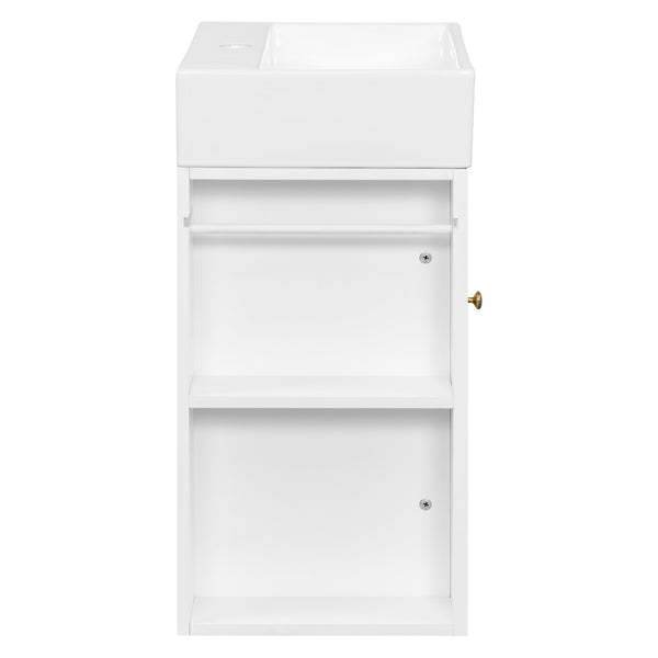 English Elm 20 Modern Wall-Mounted Bathroom Vanity with Ceramic Sink, Diamond Door, Gold Handles & Shelves — Compact White N725P314033K