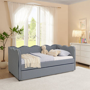 English Elm Cozy Twin Gingham Daybed with Trundle Sofa Bed, Linen Upholstery, USB Port, Wave Frame Design Navy W1413S00101
