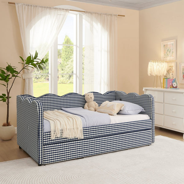 English Elm Cozy Twin Gingham Daybed with Trundle Sofa Bed, Linen Upholstery, USB Port, Wave Frame Design Navy W1413S00101
