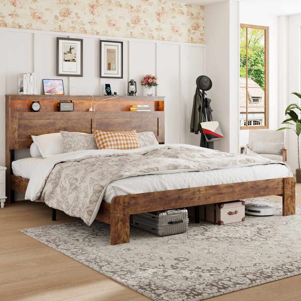 English Elm Bed Frame King Size - Modern Wooden Platform With Led Headboard, Usb Ports & Ample Under-Bed Storage W636P233485