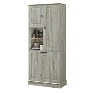 English Elm Tall Storage Cabinet with Flip-Out Basket, Adjustable Shelves & Aluminum Handles for Organized Living Oak N725P322739L
