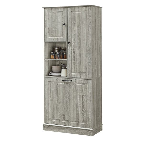 English Elm Tall Storage Cabinet with Flip-Out Basket, Adjustable Shelves & Aluminum Handles for Organized Living Oak N725P322739L