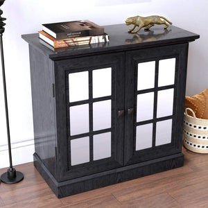 English Elm Storage Sideboard with Mirrored Acrylic Doors and Wood Grain Mdf Finish for Compact Rooms Black W2899P372748