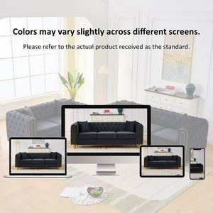 English Elm 86" Chesterfield Velvet Three Seat Sofa Button Tufted Rolled Arms Gold Legs Living Room Black W3373S00078