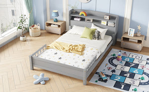 English Elm Full Pine Wood Bed with Bookcase Headboard and LED Motion Sensor Light, Guardrails & Storage Space Grey W504P277598