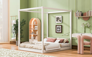 English Elm Queen Canopy Platform Bed with Sturdy Support Legs, Pine/MDF Frame, Slatted Ventilated Base, 550lb Capacity White WF293232AAK