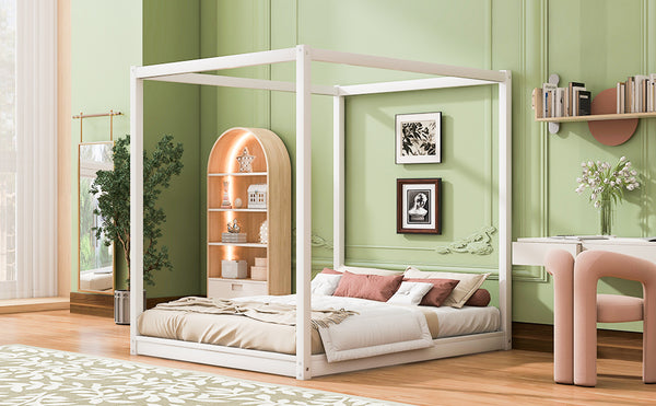 English Elm Queen Canopy Platform Bed with Sturdy Support Legs, Pine/MDF Frame, Slatted Ventilated Base, 550lb Capacity White WF293232AAK