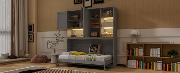 English Elm Twin Murphy Bed with Cabinet Shelves Built in Lighting Usb Ports Space Saving Wall Unit Gray LP000389AAE-1