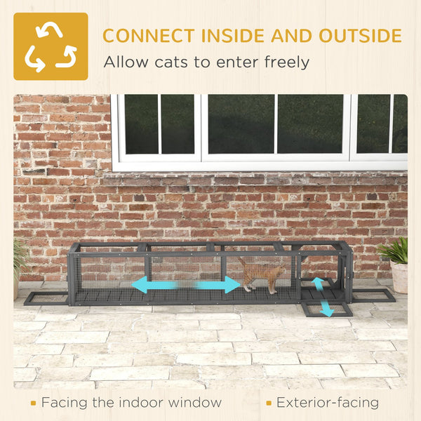 English Elm PawHut Extendable Outdoor Cat Tunnel 79" Wooden Catio Run with Weatherproof Mesh, Multi-Entry Grey+Black W2225P200585