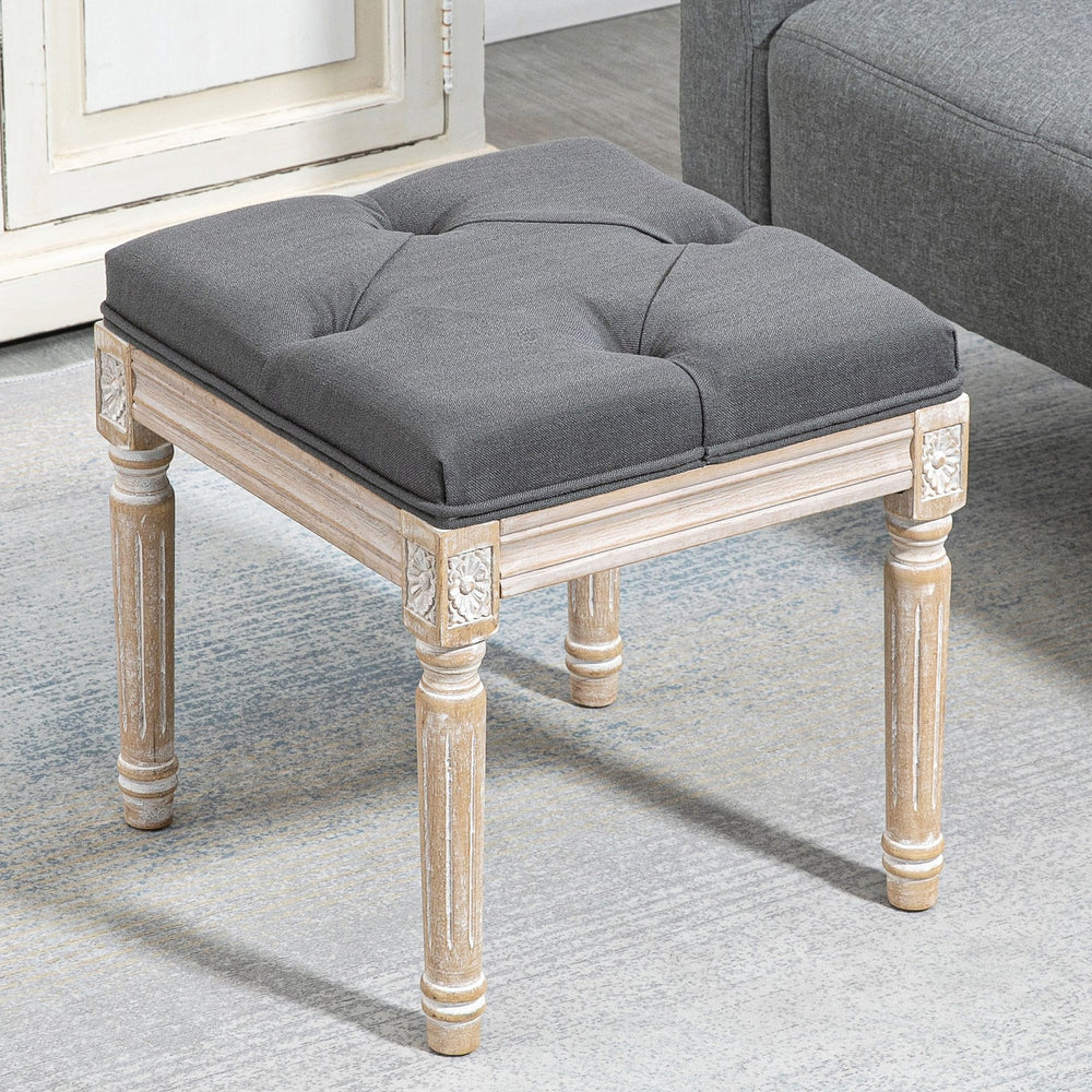 English Elm HOMCOM Vintage Tufted Ottoman 16" Linen-Feel Footstool with Carved Wood Legs, Grey Accent Seat W2225P217637