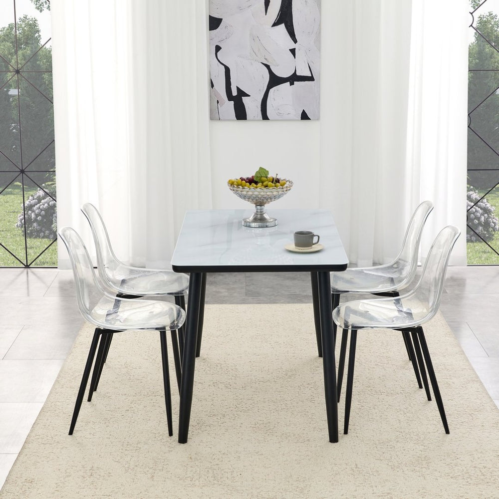English Elm Table and Chair Set Marble Glass Top with Black Mdf Shelf Four Transparent Seats W1151S04663