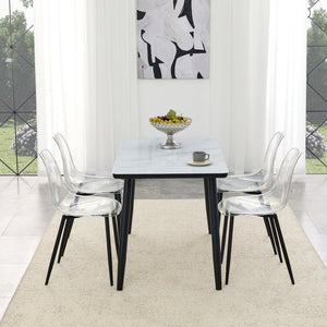 English Elm Table and Chair Set Marble Glass Top with Black Mdf Shelf Four Transparent Seats W1151S04663