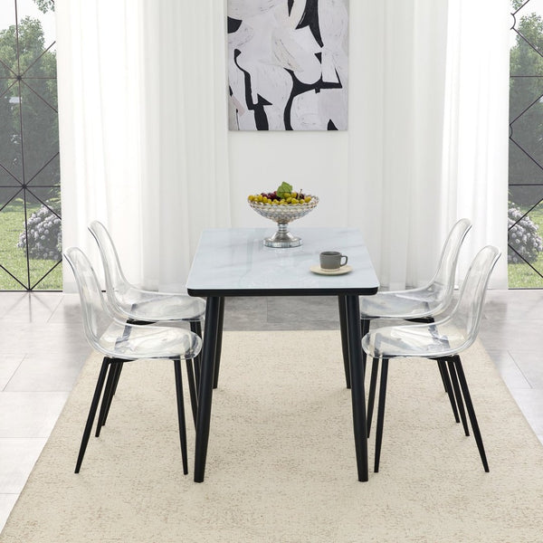 English Elm Table and Chair Set Marble Glass Top with Black Mdf Shelf Four Transparent Seats W1151S04663