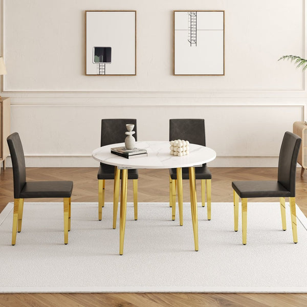 English Elm Table and Chair Set Extendable Round Mdf Top Gold Legs Four Pu Dining Seats Black,White+Gold W1151S04830