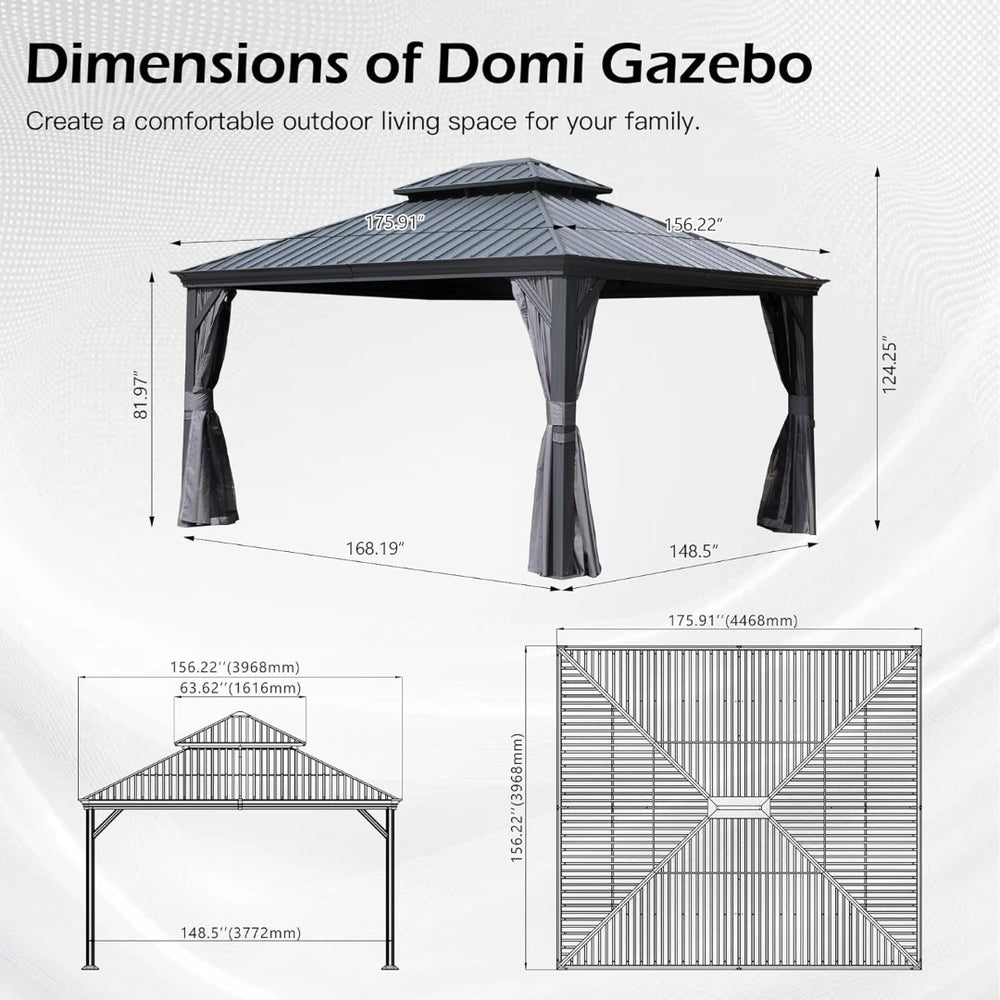 English Elm 13x15ft Hardtop Gazebo Galvanized Steel Double Roof Ventilated Patio Shelter with Netting Gray W1859S00205