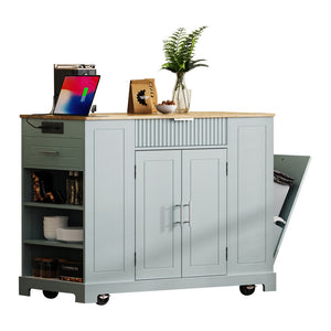 English Elm K&k Rolling Kitchen Island Rubber Wood Top Fluted Cabinet Built-in Charging Station Grey+Blue N707S221571G