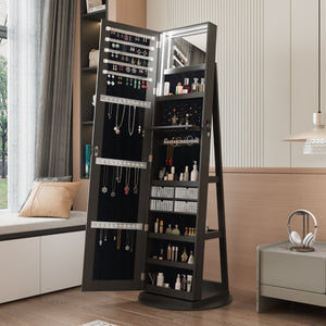 English Elm 360°swivel Jewelry Armoire with Lighted Interior Full Length Mirror Lockable White Black W3406P411299