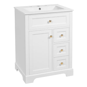 English Elm "24'' 24 Inch Glossy Freestanding Bathroom Vanity with Gold Hardware and Soft Close Storage White Pinewood N725P375495K