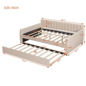 English Elm Full Size Velvet Upholstered Daybed with Pull Out Trundle and Wood Slat Support Beige LP100121AAA