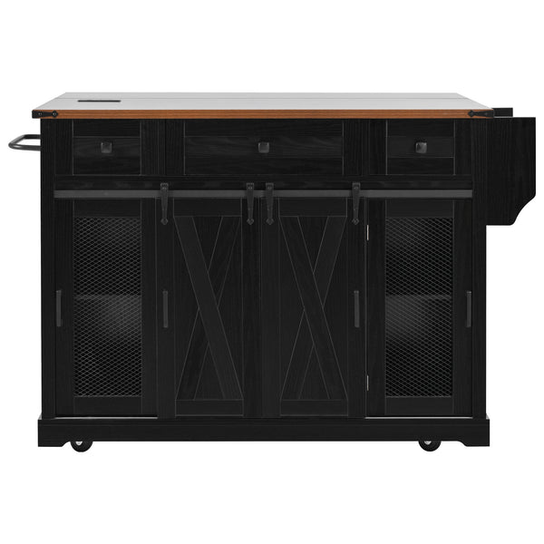 English Elm K&K 58" Farmhouse Kitchen Island with Sliding Barn Door, Drop Leaf, Glass Rack, Locking Wheels, Power Black N707P349811B