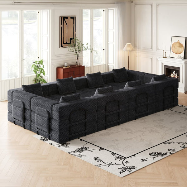 English Elm 8 Seater Corduroy Floor Sofa Bed with Storage Pockets and High-density Foam Fill W3505S00022