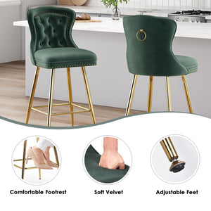English Elm Bar Stools Set Of 2 - Elegant Green Velvet Wing-Back Chairs With Gold Metal Legs For Modern Dining T3623P363070